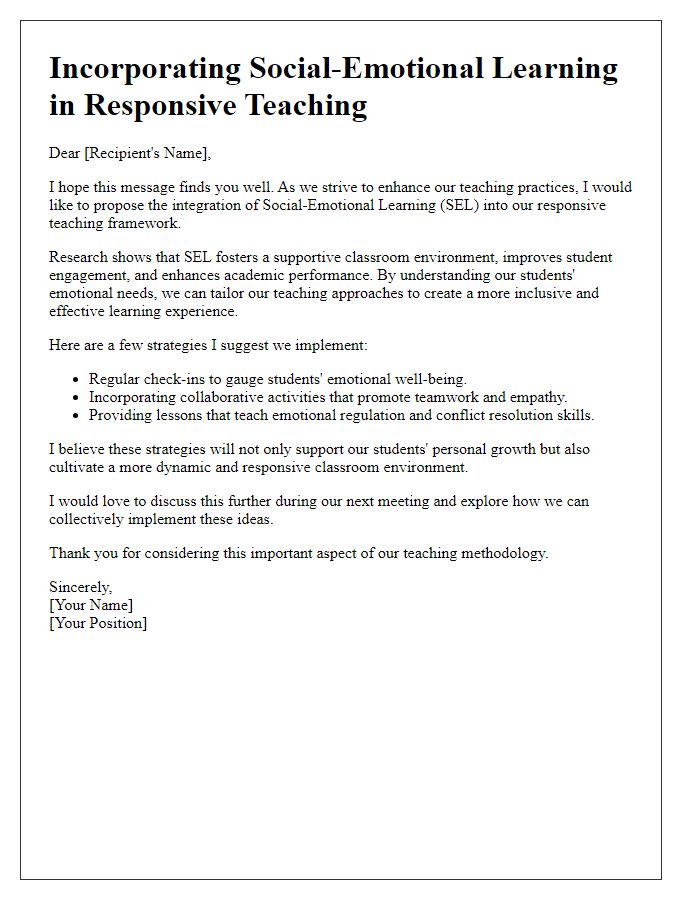 Letter template of incorporating social-emotional learning in responsive teaching.