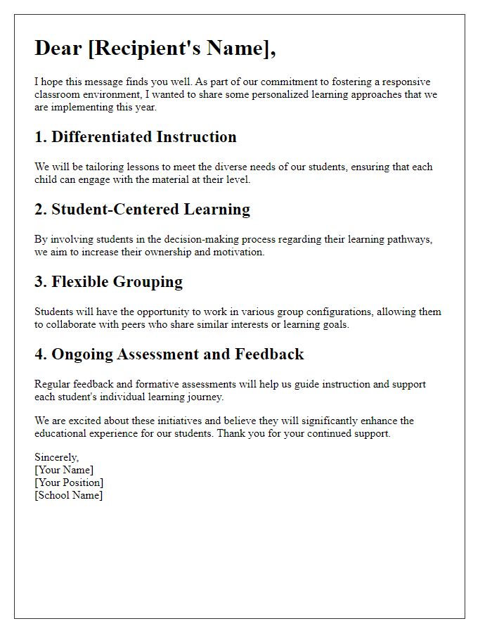 Letter template of personalized learning approaches in responsive classrooms.