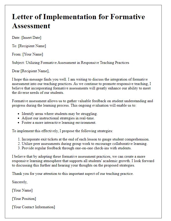 Letter template of using formative assessment in responsive teaching practices.