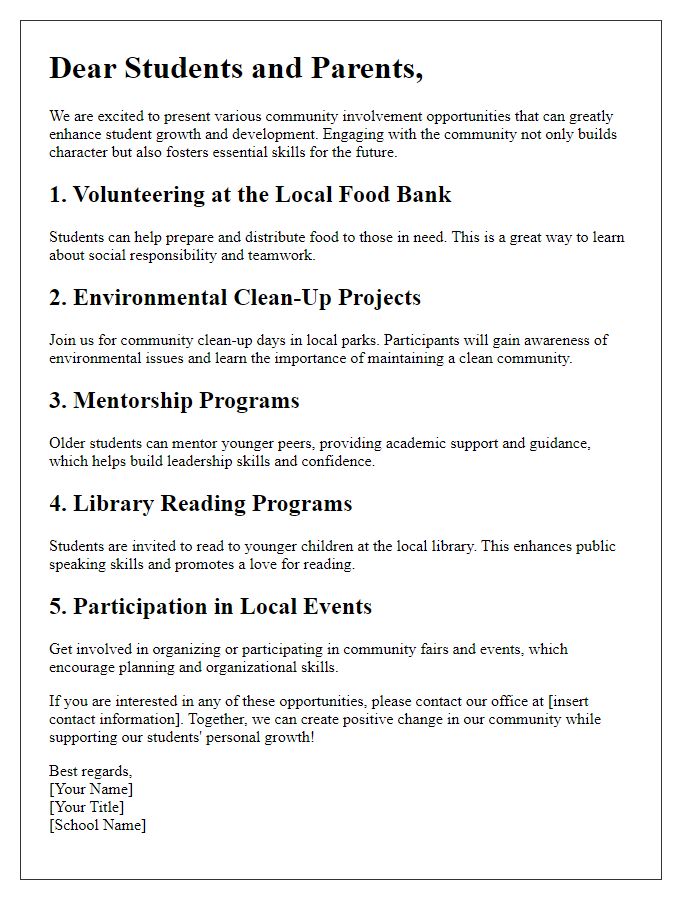 Letter template of community involvement opportunities for student growth.