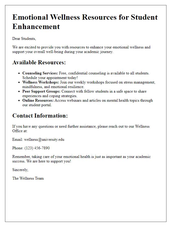 Letter template of emotional wellness resources for student enhancement.