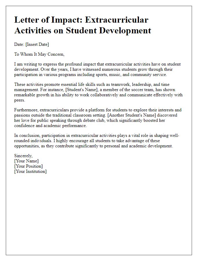 Letter template of extracurricular activities impact on student development.