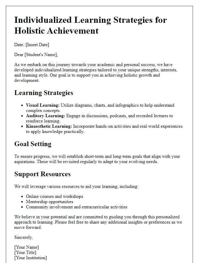 Letter template of individualized learning strategies for holistic achievement.