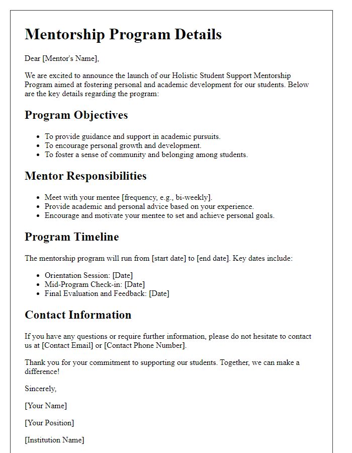 Letter template of mentorship program details for holistic student support.