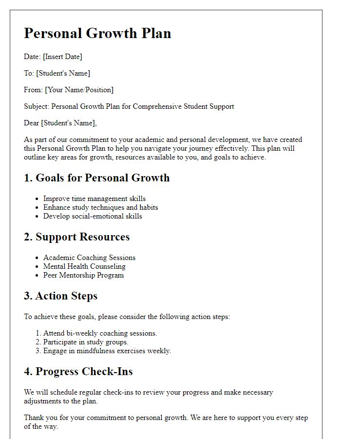 Letter template of personal growth plan for comprehensive student support.