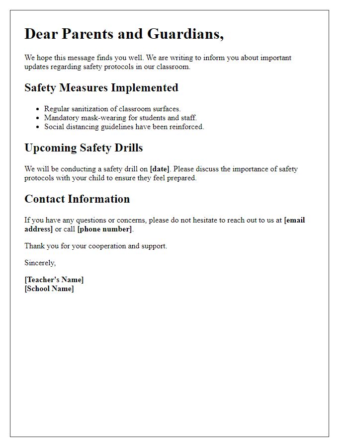 Letter template of classroom communication regarding safety updates