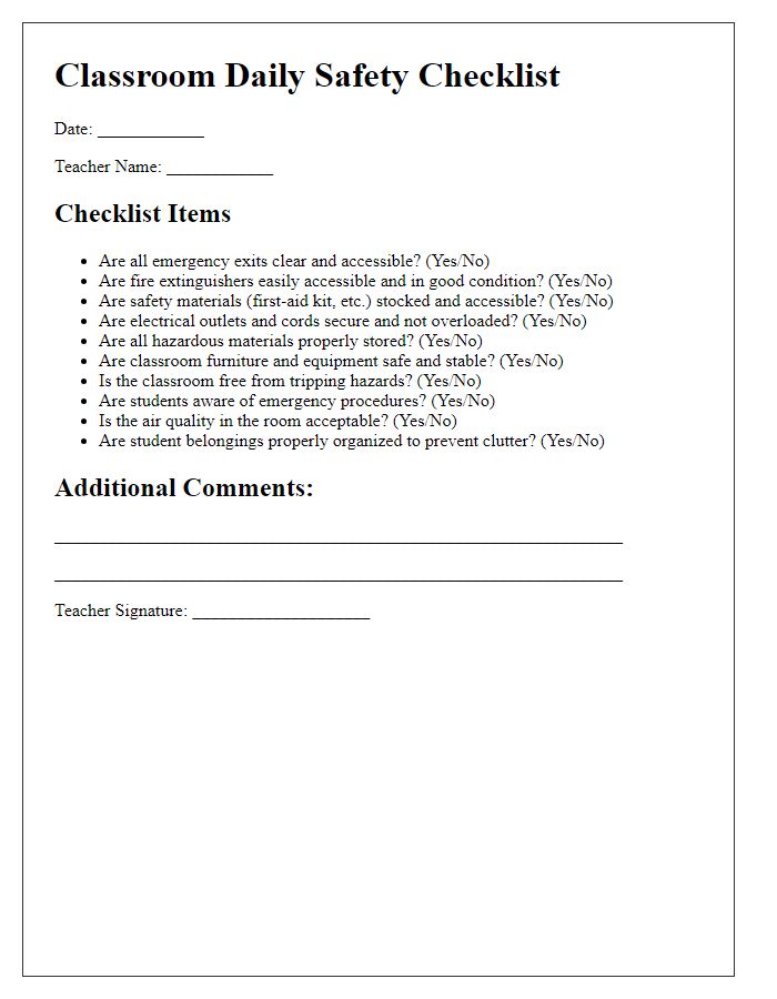 Letter template of classroom daily safety checklists for teachers