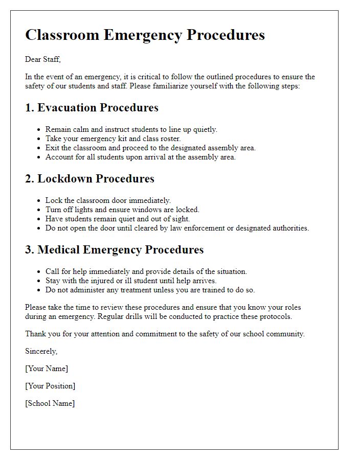 Letter template of classroom emergency procedures for staff