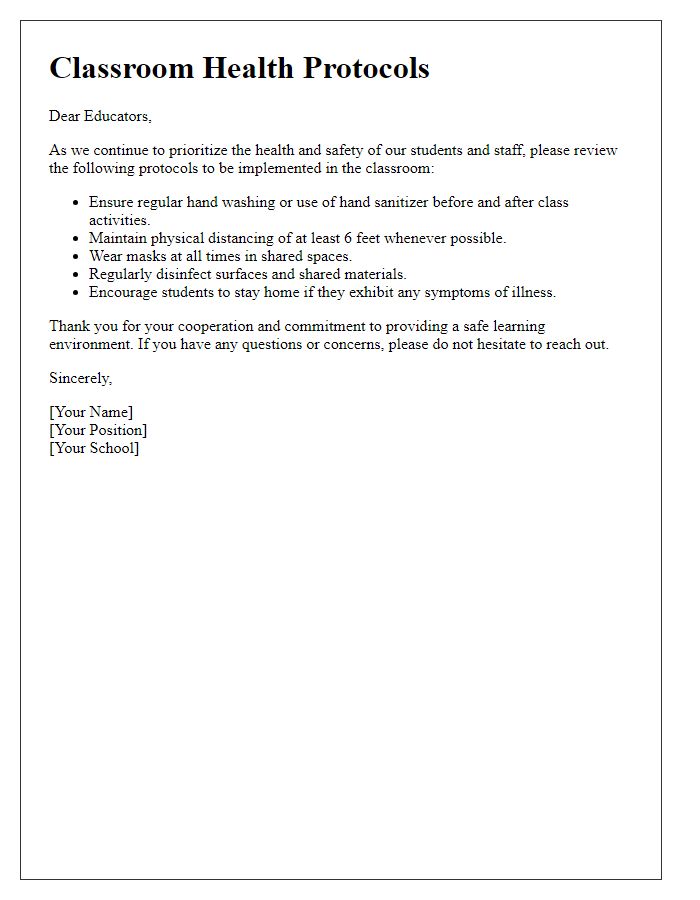 Letter template of classroom health protocols for educators