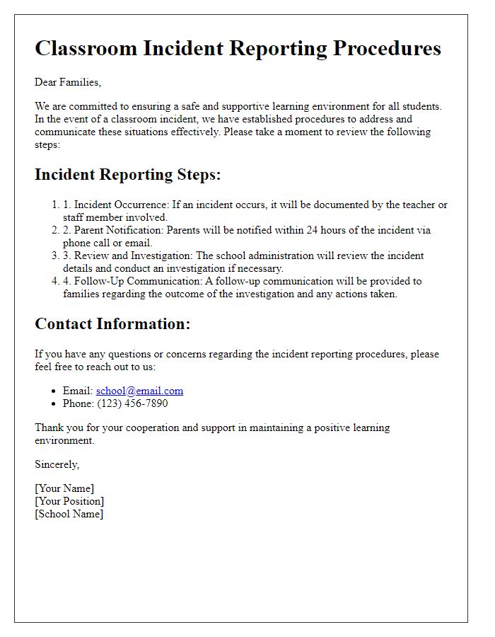 Letter template of classroom incident reporting procedures for families