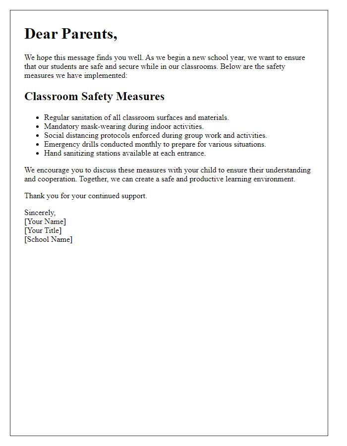 Letter template of classroom safety measures for parents