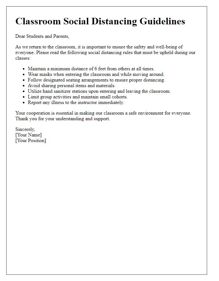 Letter template of classroom social distancing rules for attendees