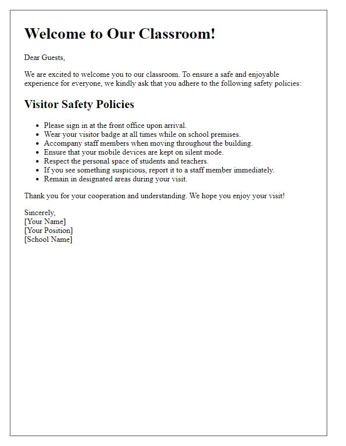 Letter template of classroom visitor safety policies for guests