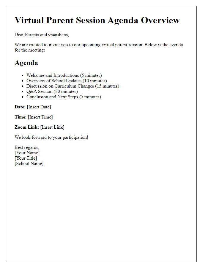 Letter template of agenda overview for virtual parent sessions