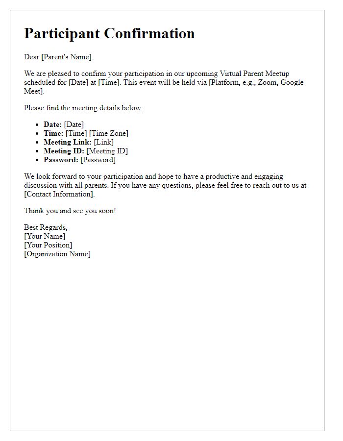 Letter template of participant confirmation for virtual parent meetups