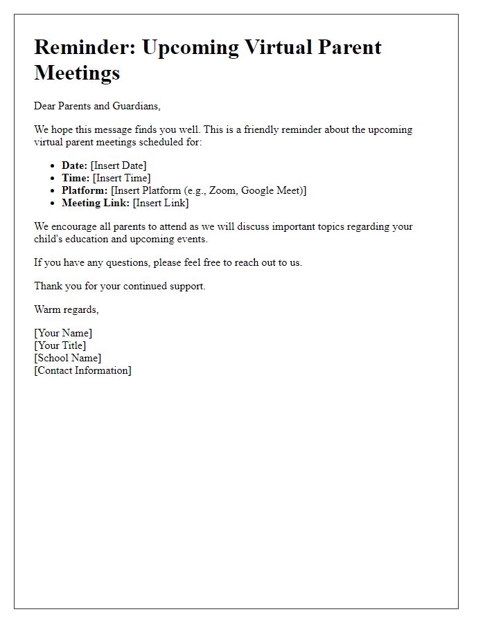 Letter template of reminder for upcoming virtual parent meetings