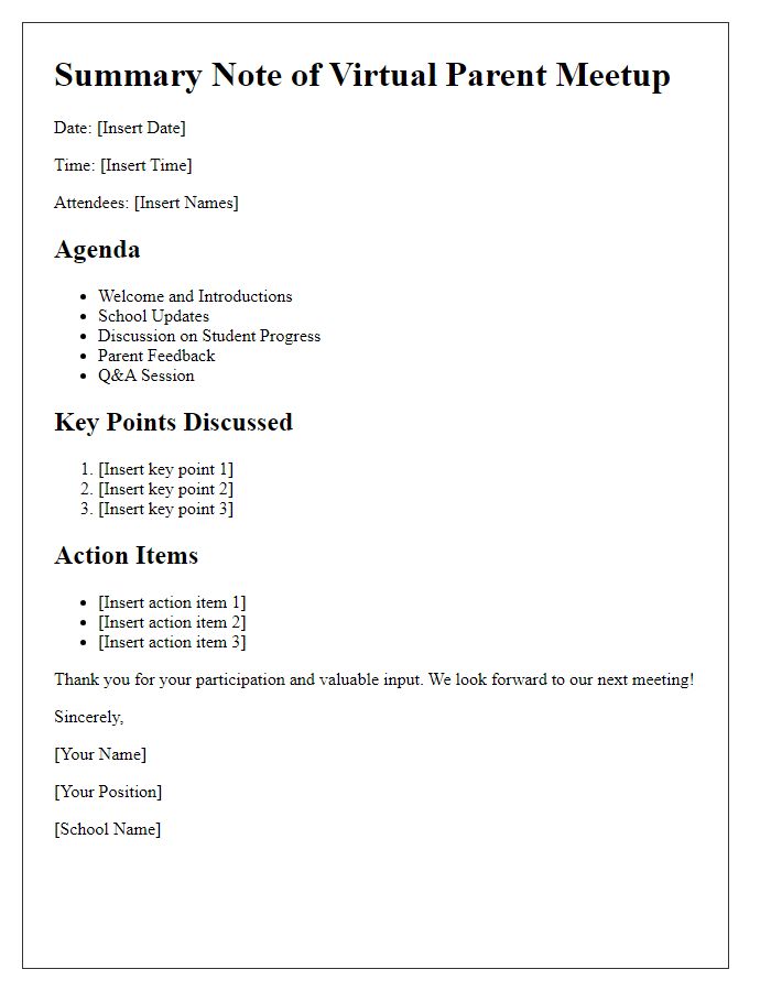 Letter template of summary note from virtual parent meetups