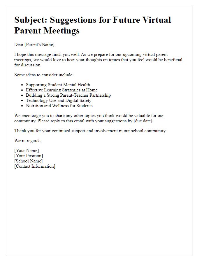 Letter template of topic suggestion for future virtual parent meetings