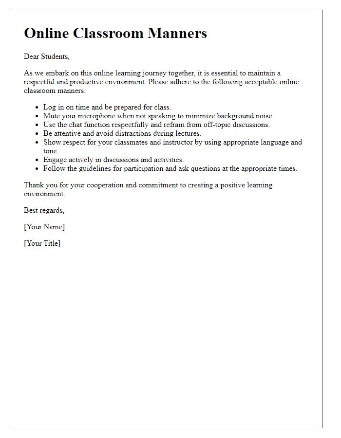 Letter template of acceptable online classroom manners