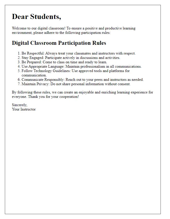 Letter template of digital classroom participation rules