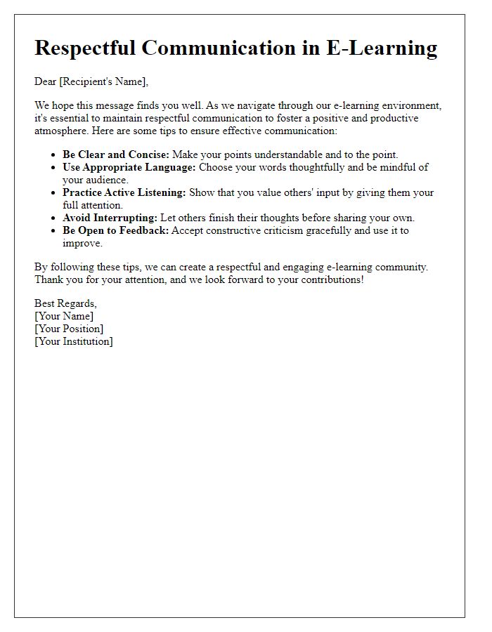 Letter template of e-learning respectful communication tips