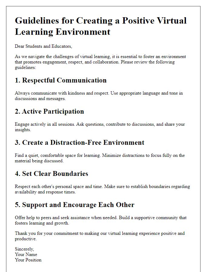 Letter template of guidelines for positive virtual learning environment