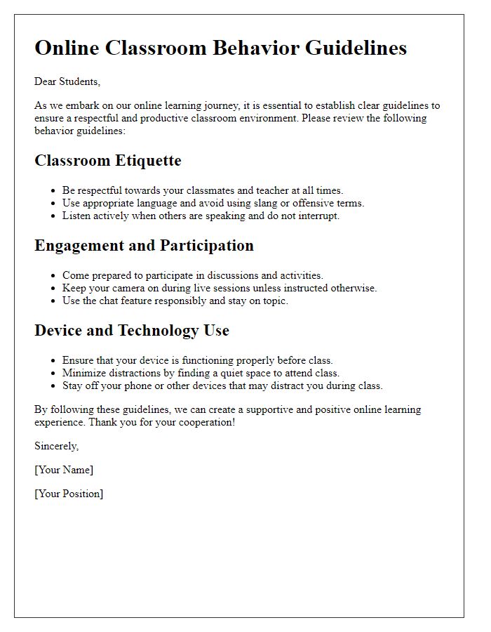 Letter template of online classroom behavior guidelines