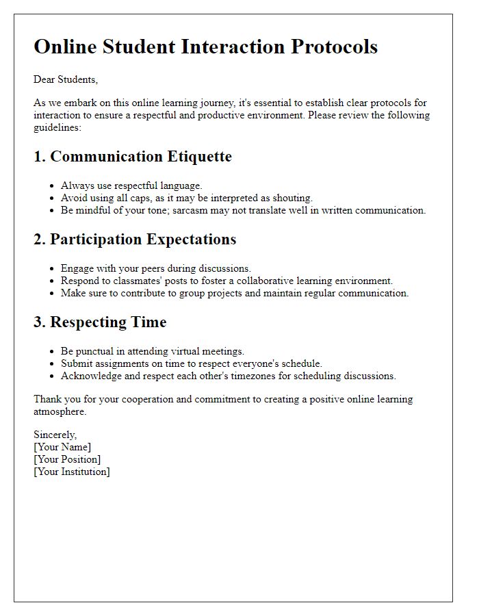 Letter template of online student interaction protocols