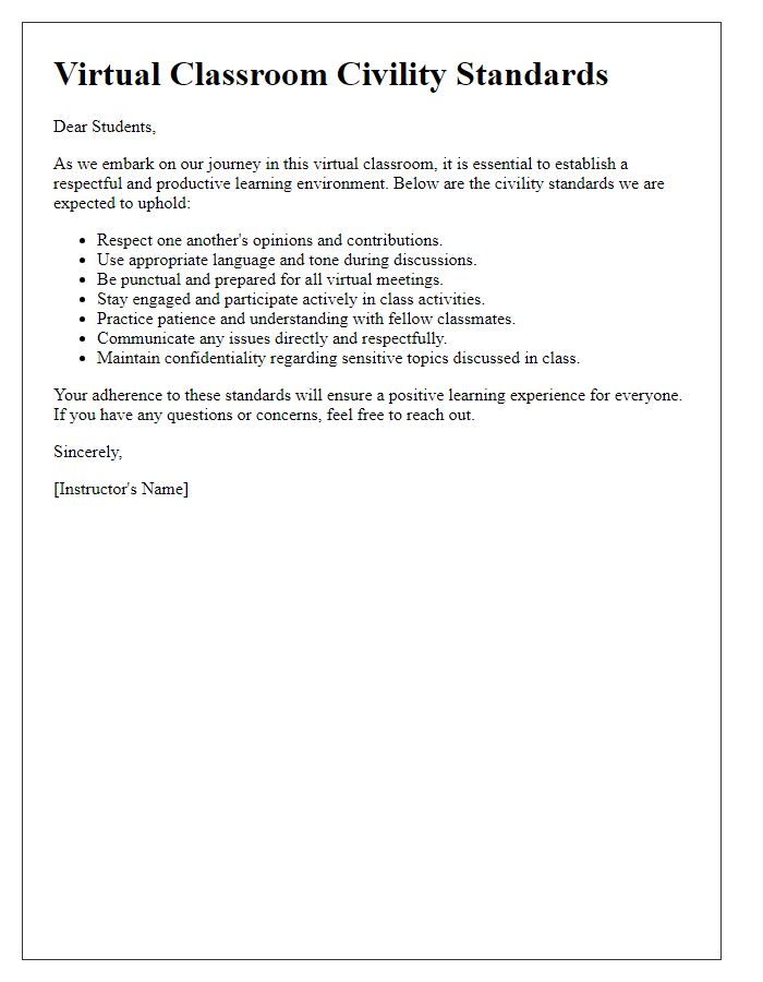 Letter template of virtual classroom civility standards