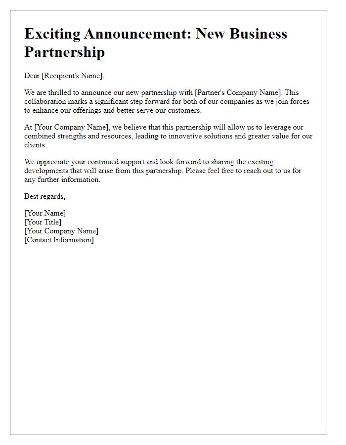 Letter template of announcing our new business partnership