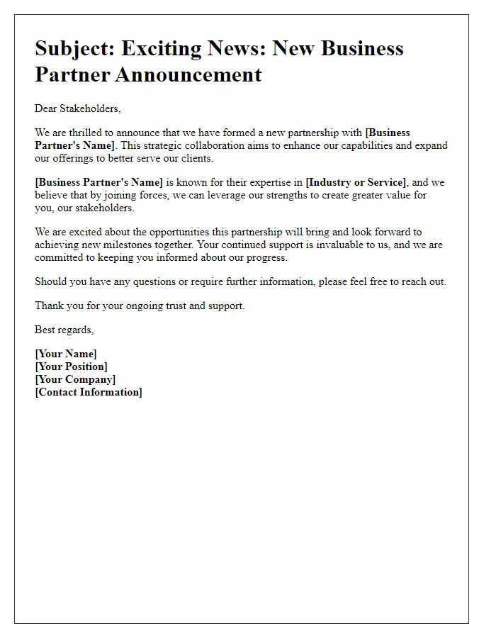 Letter template of informing stakeholders about a new business partner