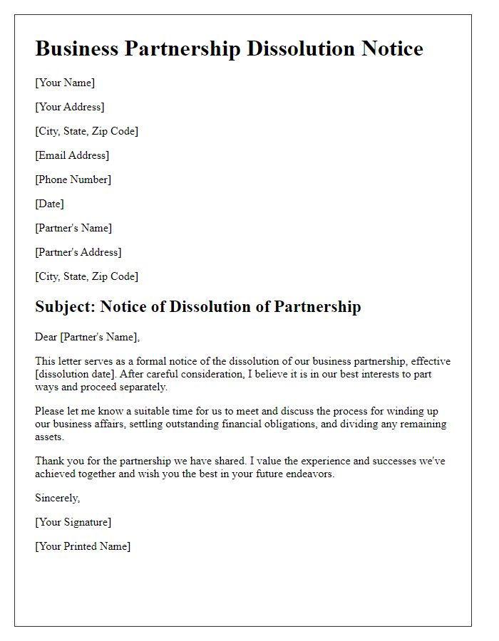 Letter template of business partnership dissolution notice