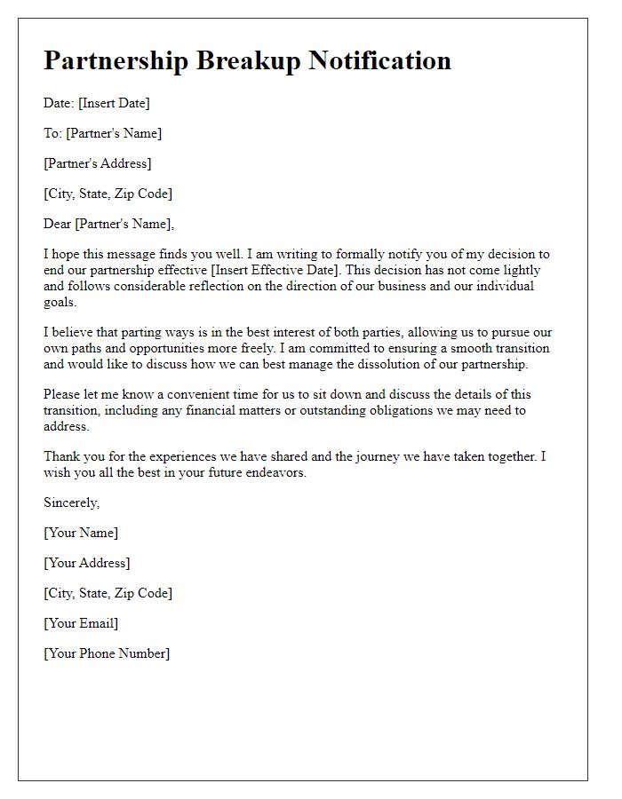 Letter template of partnership breakup notification