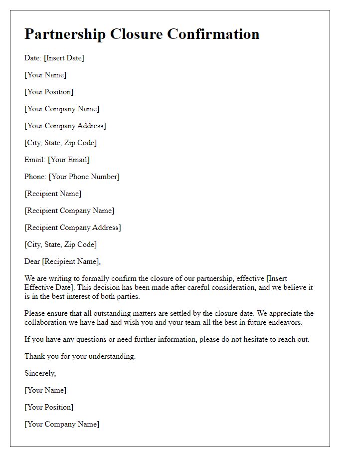 Letter template of partnership closure confirmation