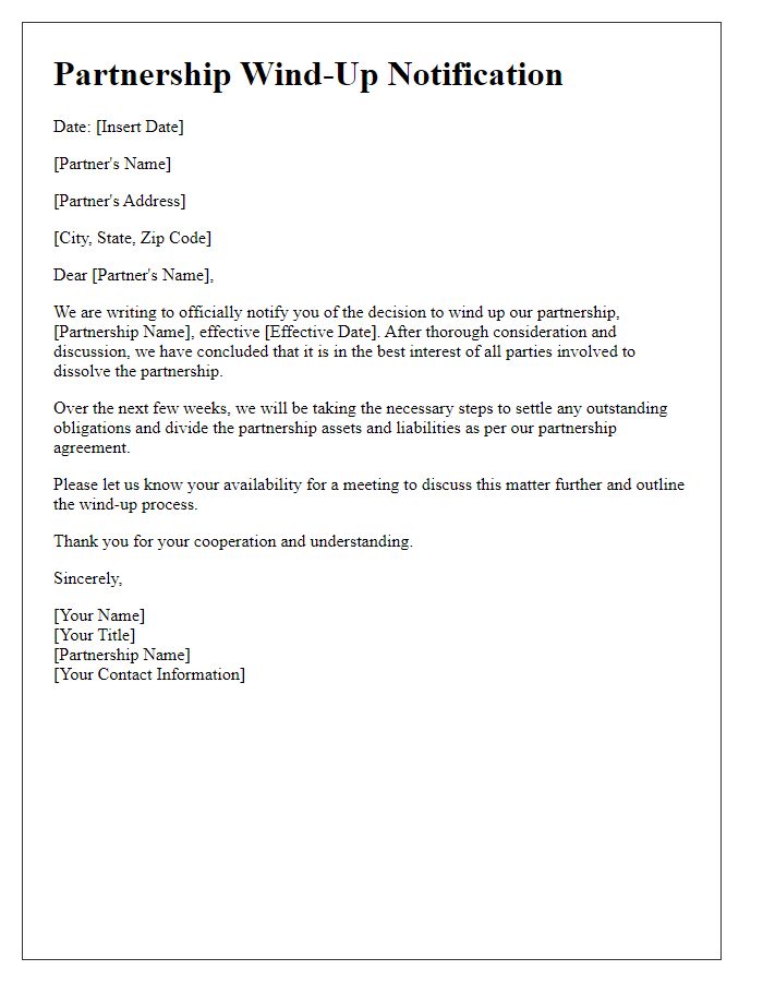 Letter template of partnership wind-up notification