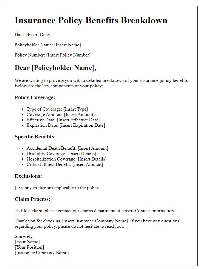 Letter template of breakdown of insurance policy benefits