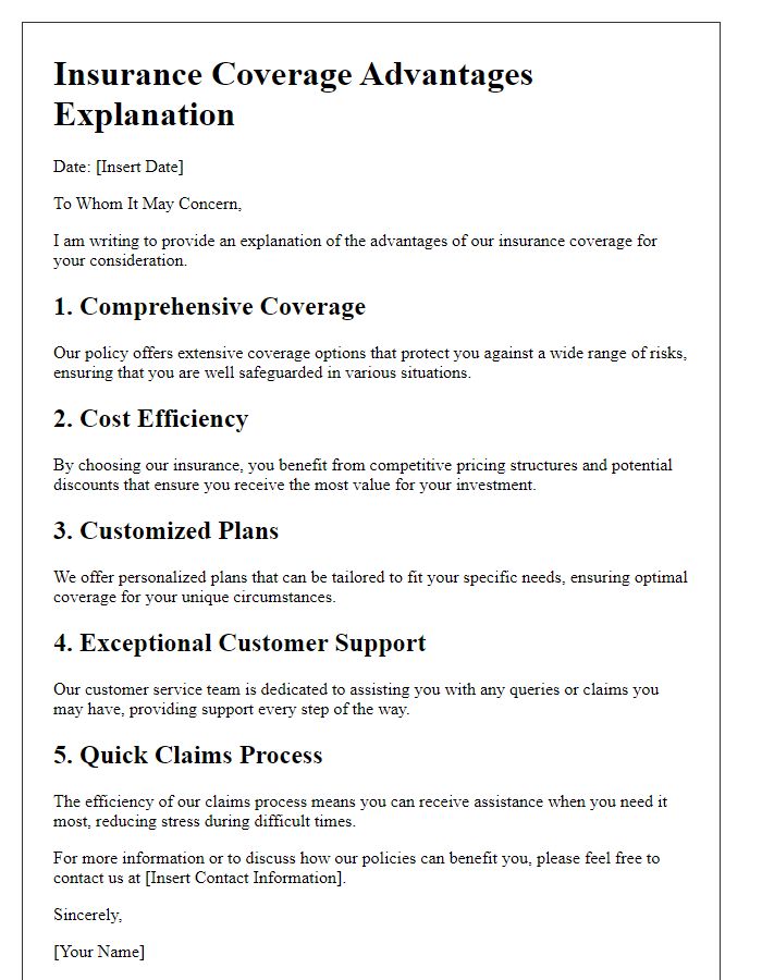 Letter template of explanation for insurance coverage advantages