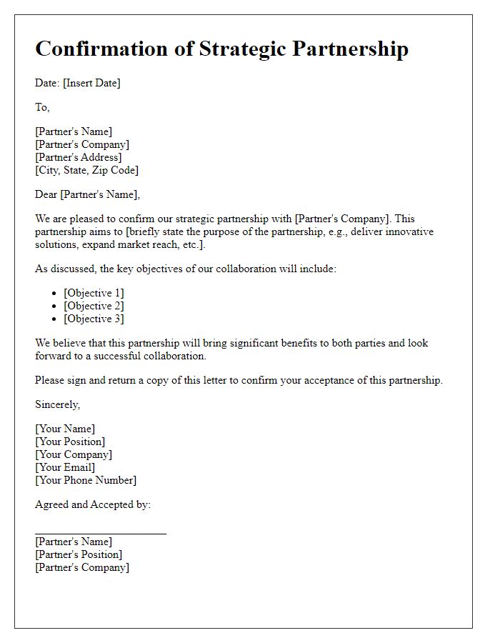 Letter template of confirmation for strategic partnerships