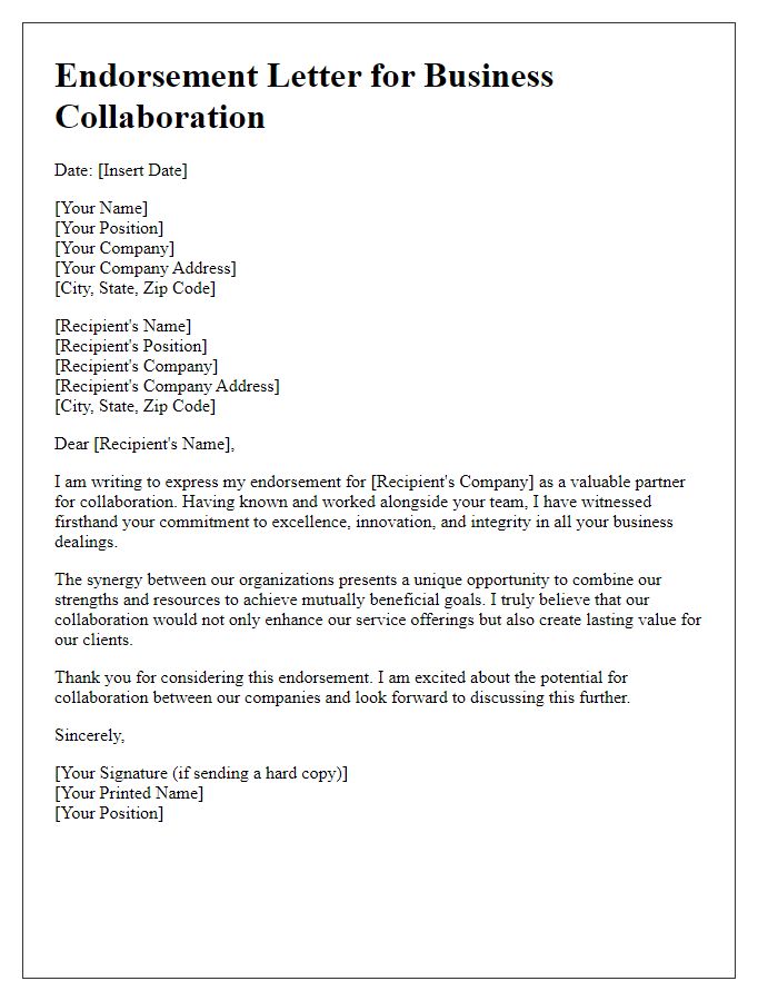 Letter template of endorsement for business collaboration