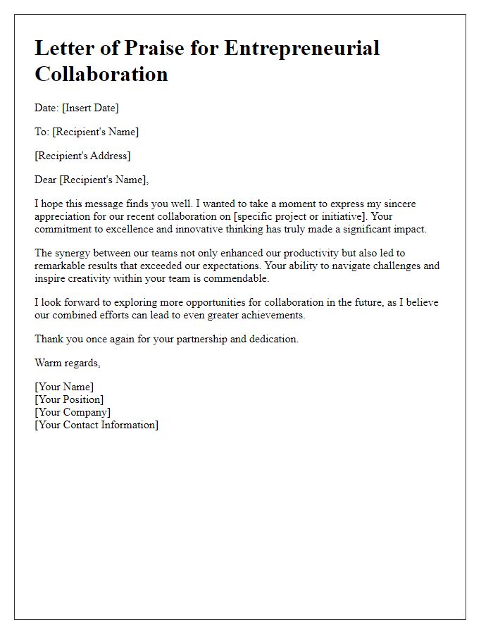 Letter template of praise for entrepreneurial collaboration