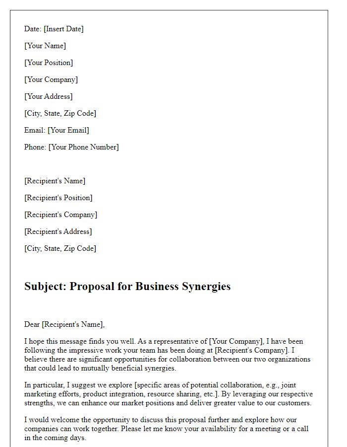 Letter template of suggestion for business synergies