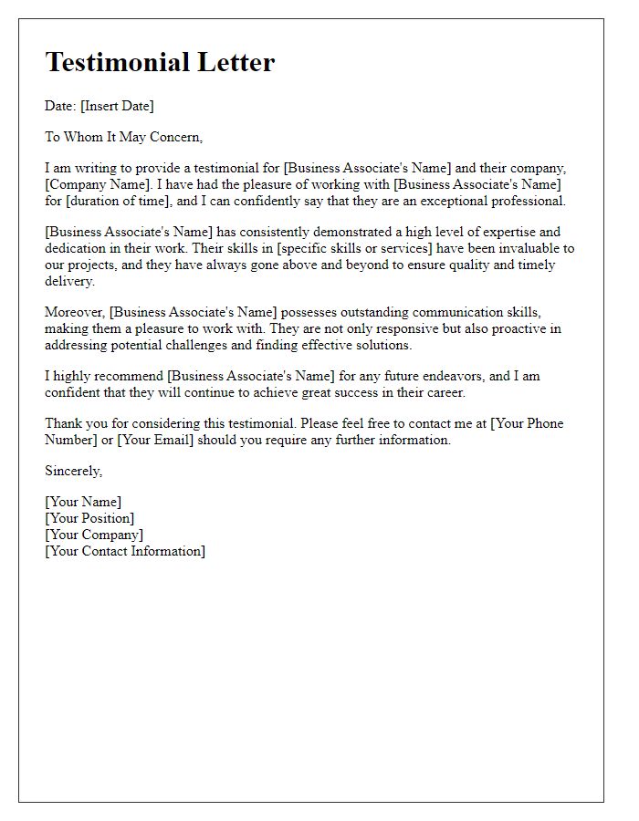 Letter template of testimonial for business associates