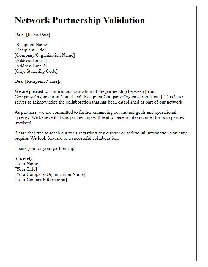 Letter template of validation for network partnerships