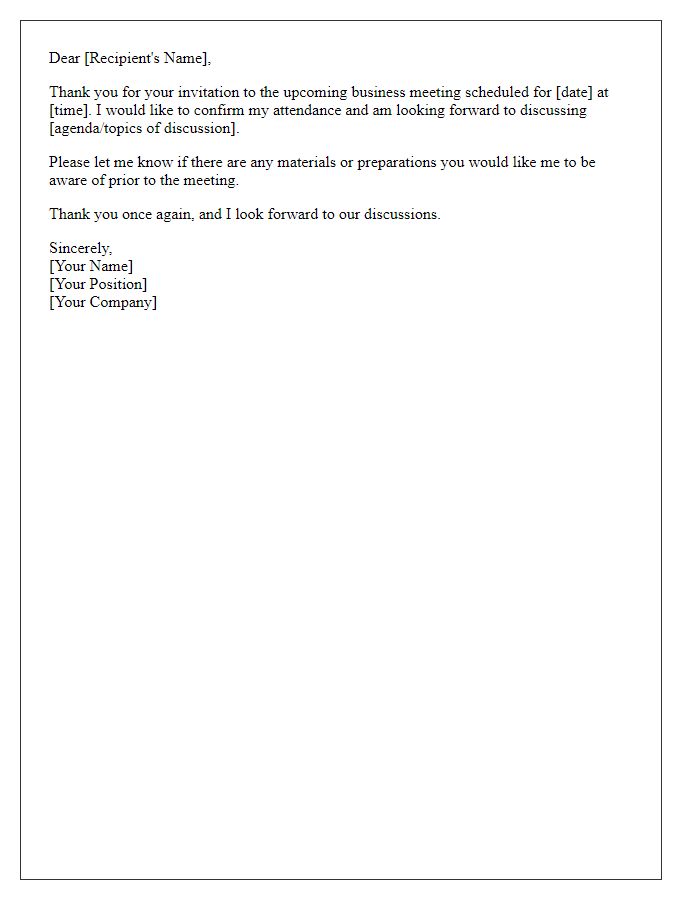 Letter template of acknowledgment for upcoming business meeting.