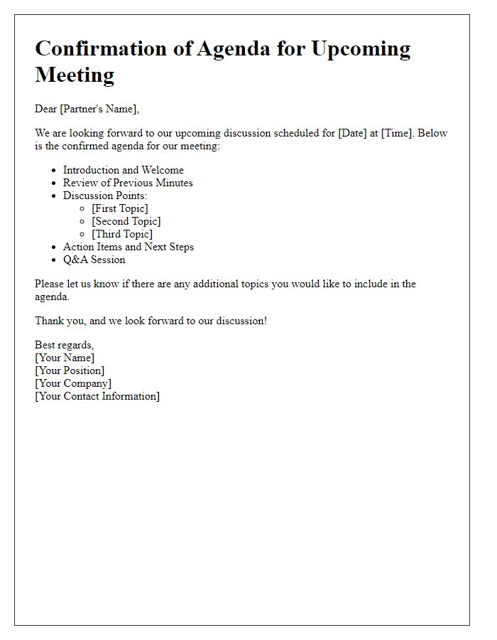 Letter template of confirming agenda for business partner discussion.