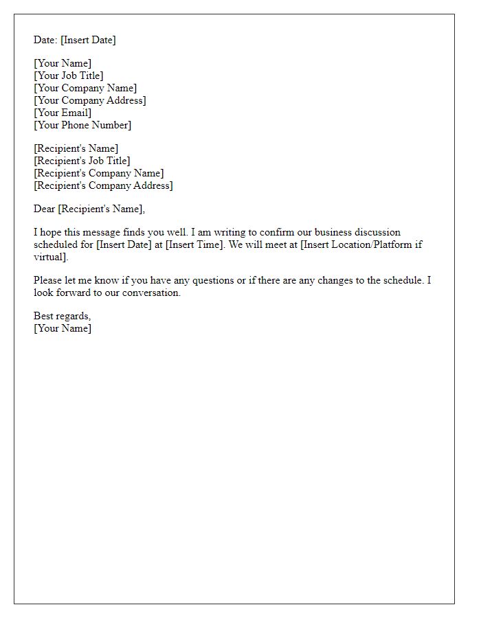 Letter template of confirming business discussion date and time.