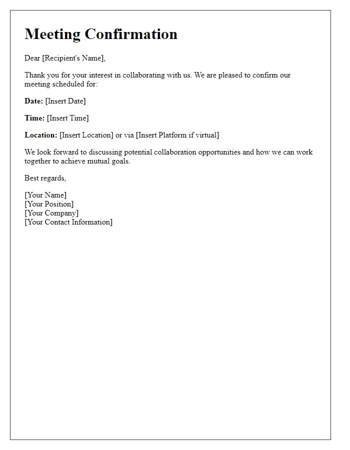 Letter template of meeting confirmation for business collaboration.