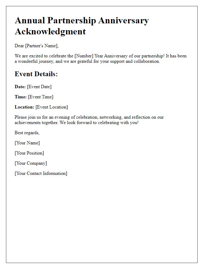 Letter template of annual partnership anniversary acknowledgment and event details.