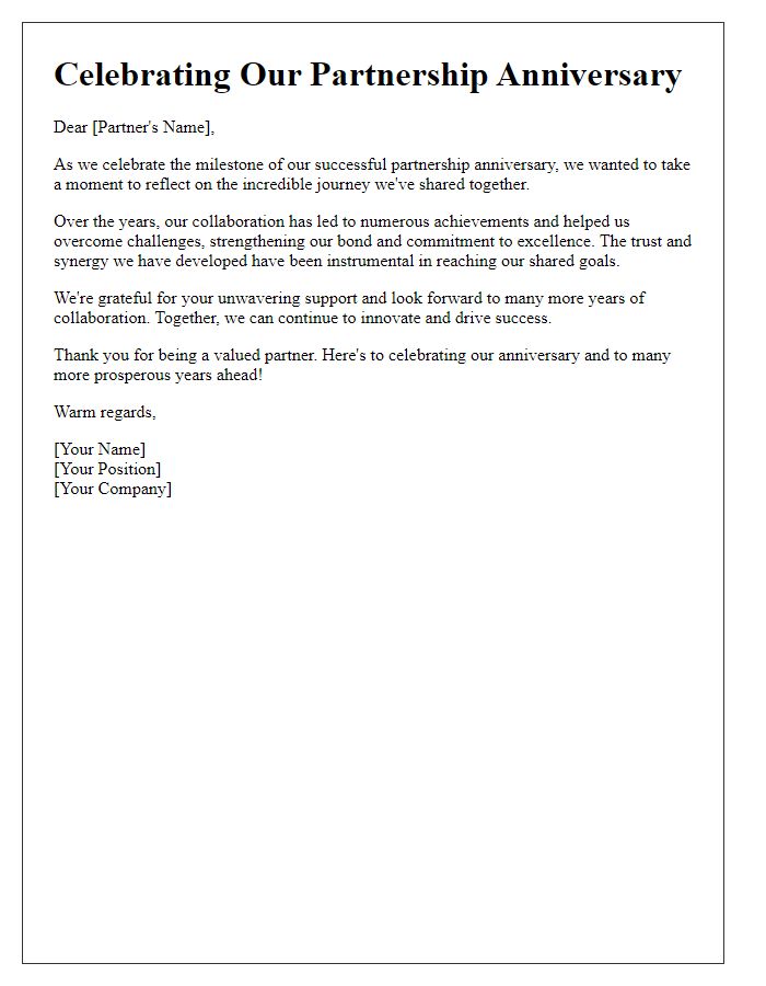 Letter template of celebrating the milestone of our successful partnership anniversary.