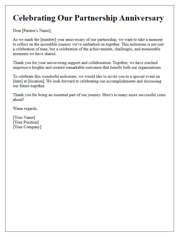 Letter template of celebration for reaching our partnership anniversary milestone.